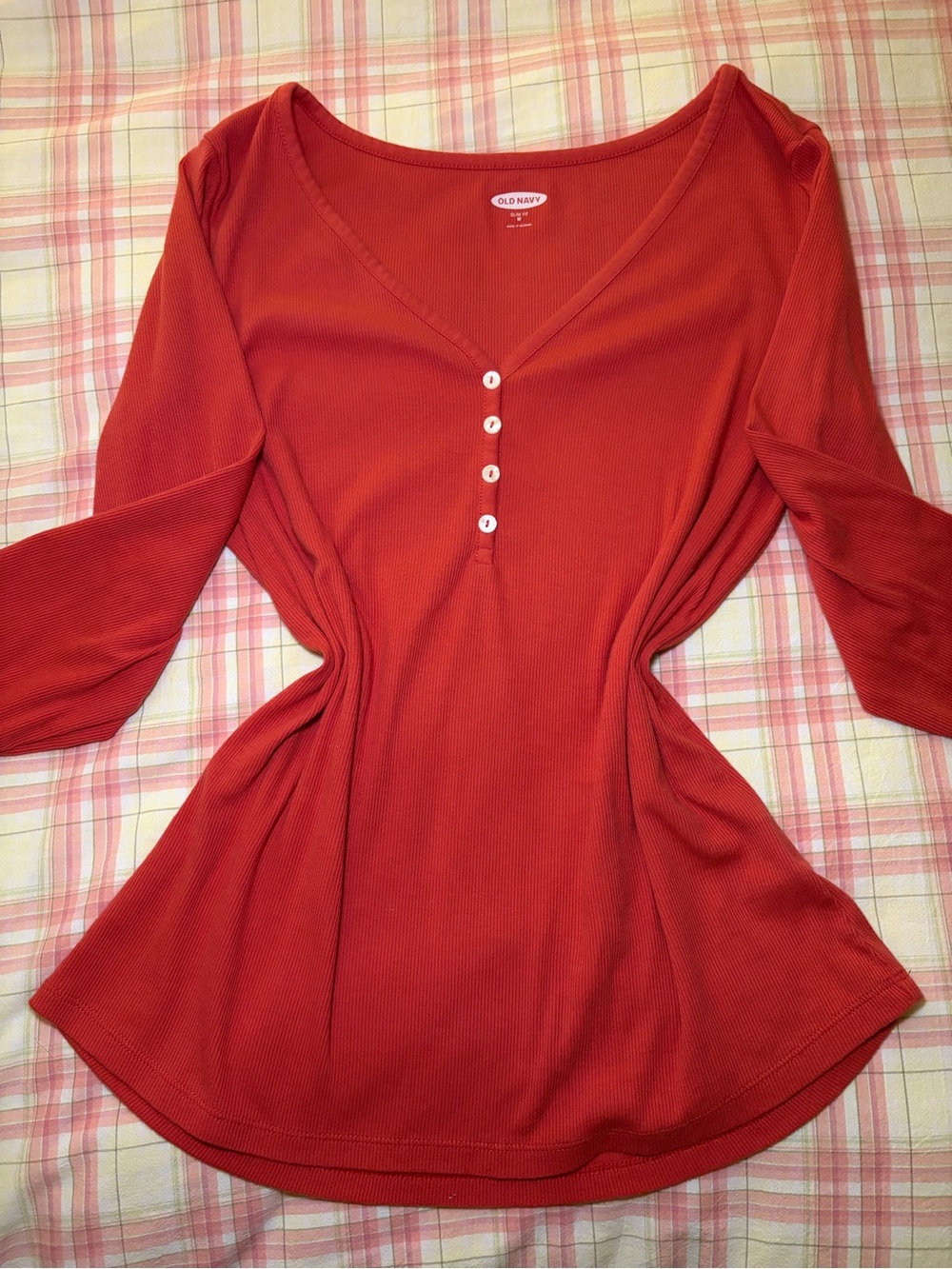 Old Navy Burnt Orange Ribbed Henley Top with 3/4 Sleeves